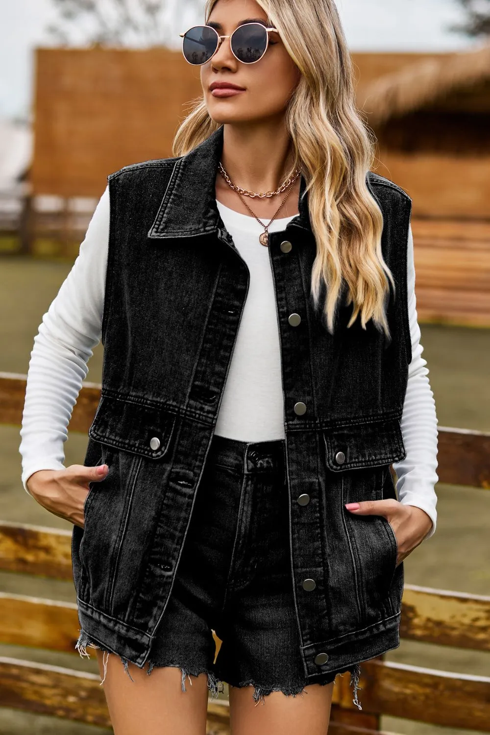 Sleeveless Collared Neck Denim Top with Pockets, image 4