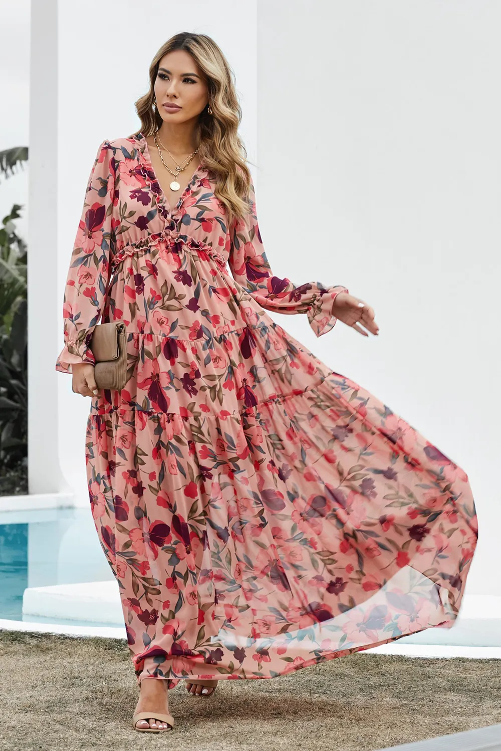 Floral Frill Trim Flounce Sleeve Plunge Maxi Dress, image 4