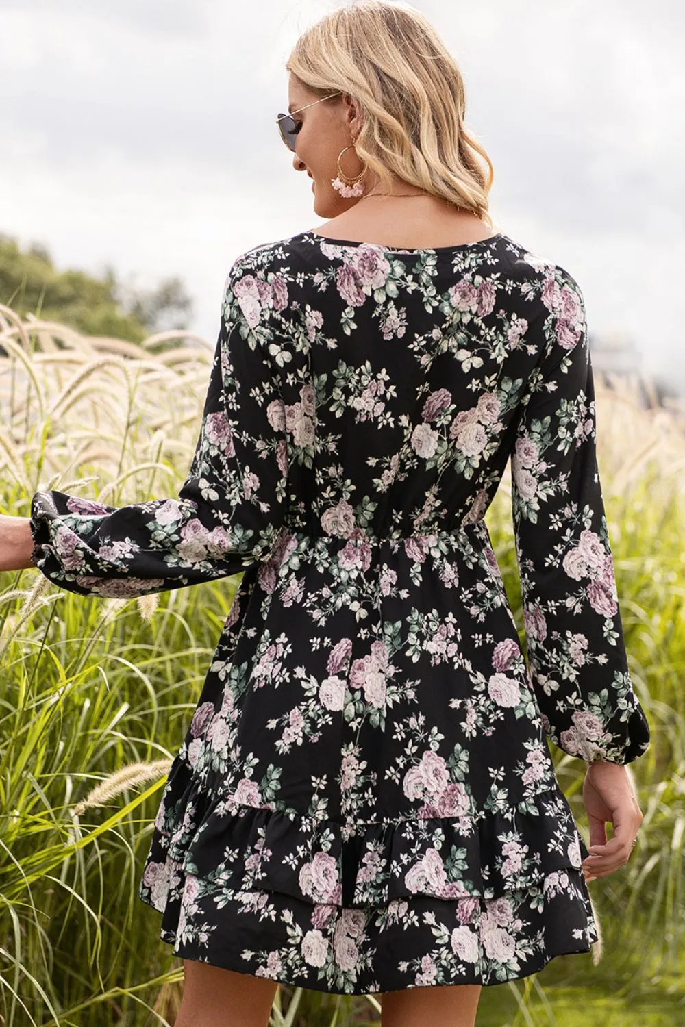 Floral Lace Trim Long Sleeve Dress, image 2