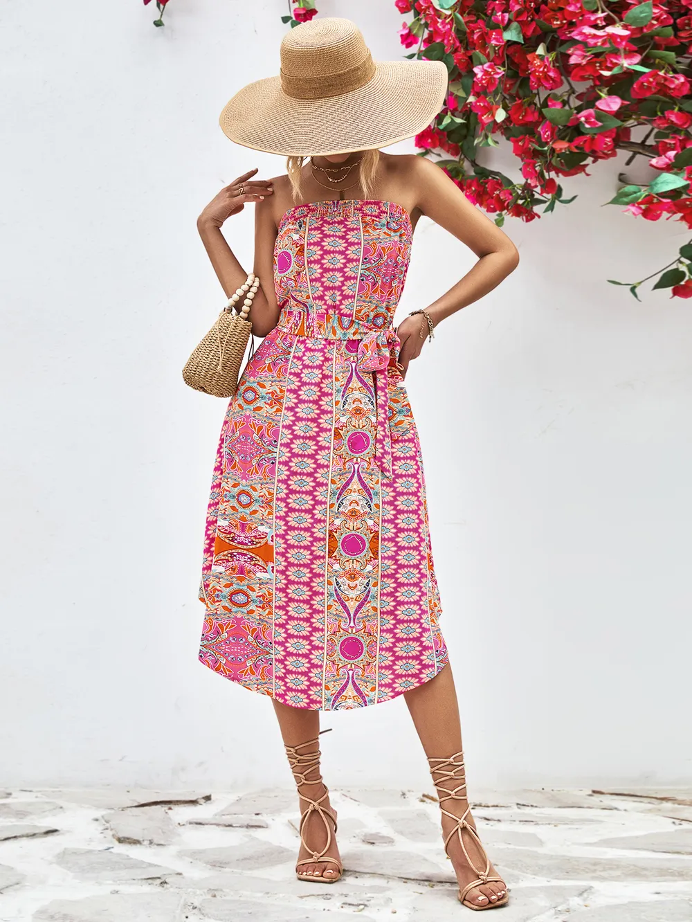 Printed Strapless Tie Belt Dress, image 6
