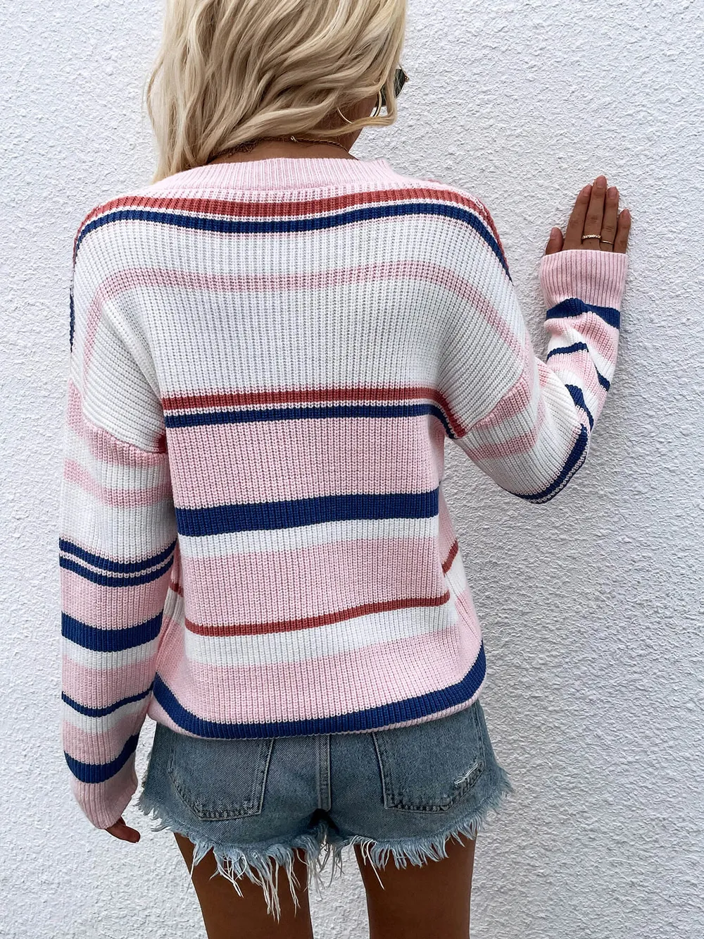 Striped Drop Shoulder Round Neck Pullover Sweater, image 6