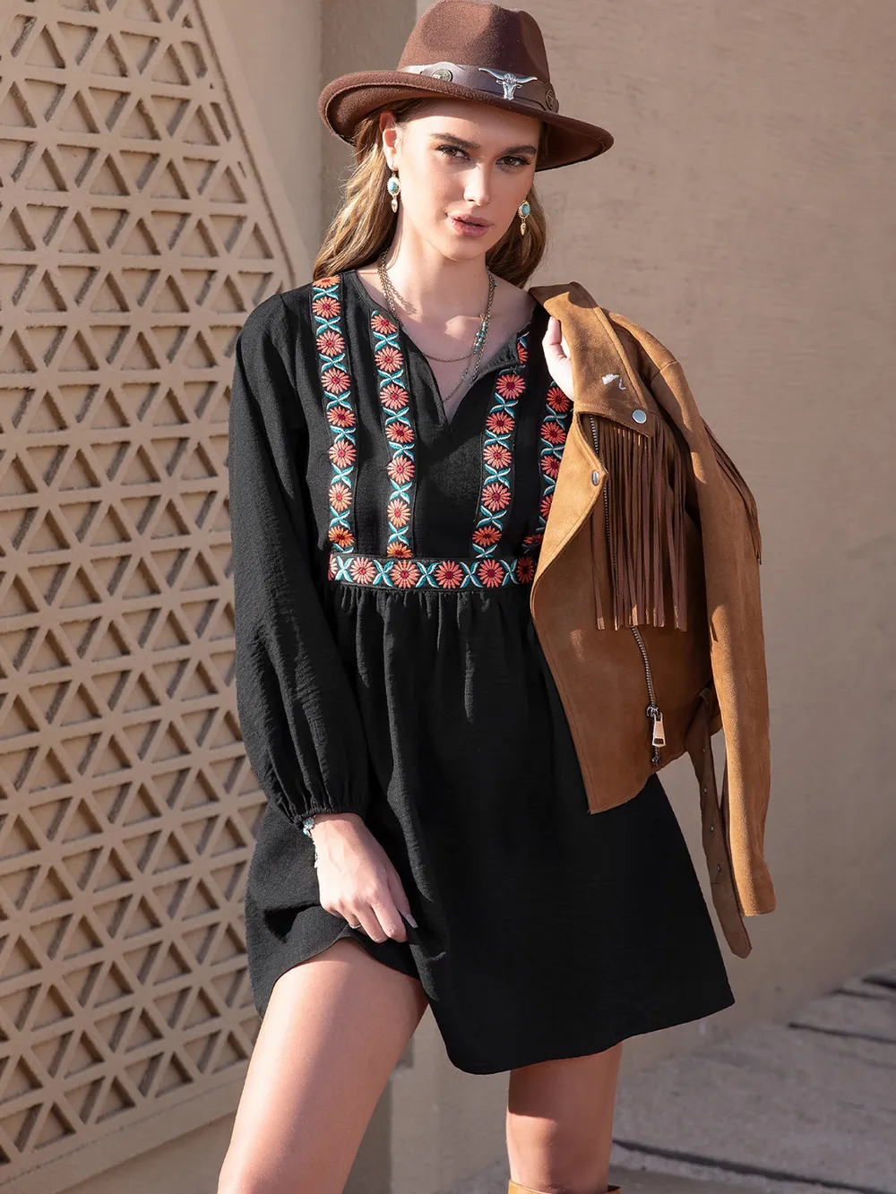 Notched Neck Long Sleeve Printed Mini Dress, image 2