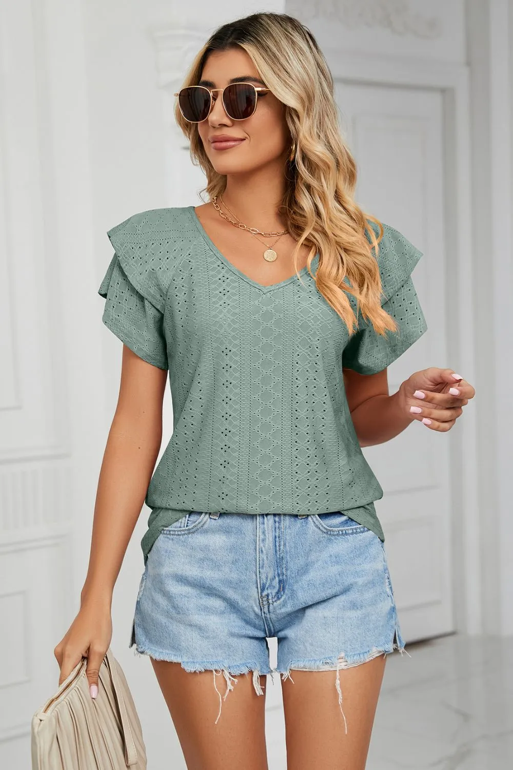 Eyelet Layered Flutter Sleeve V-Neck Knit Top, image 9