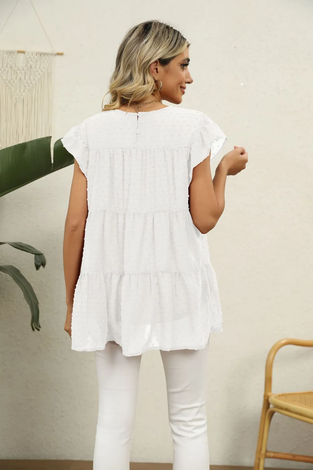 Swiss Dot Round Neck Tiered Blouse, image 10