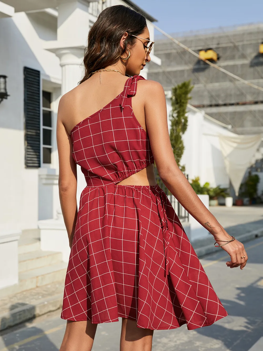 Grid One-Shoulder Tied Cutout Dress, image 14