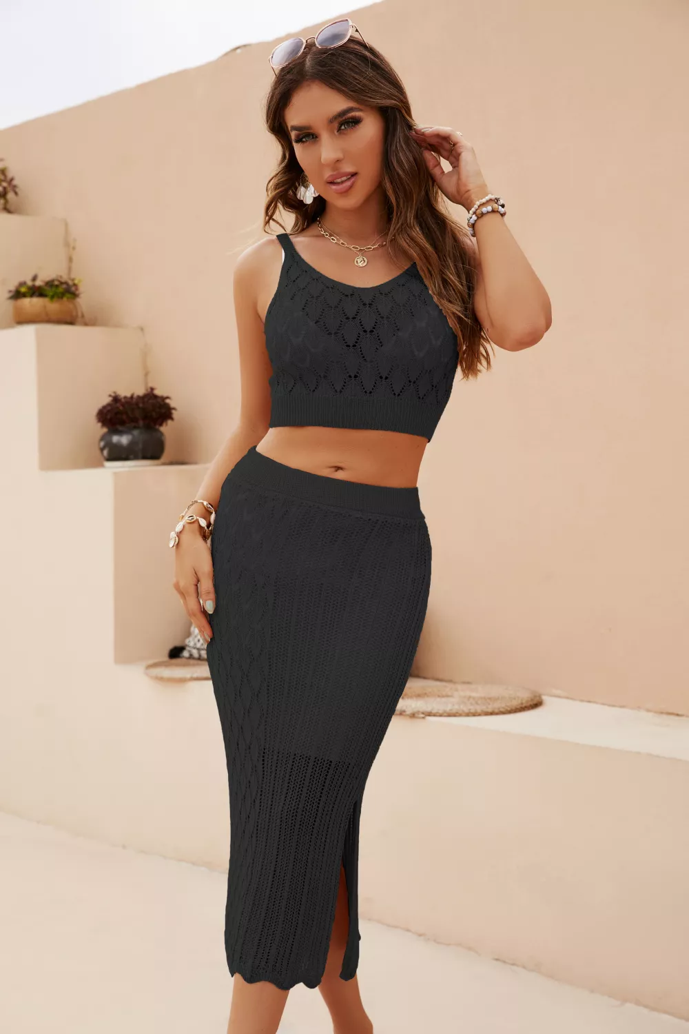 Openwork Cropped Tank and Split Skirt Set, image 10