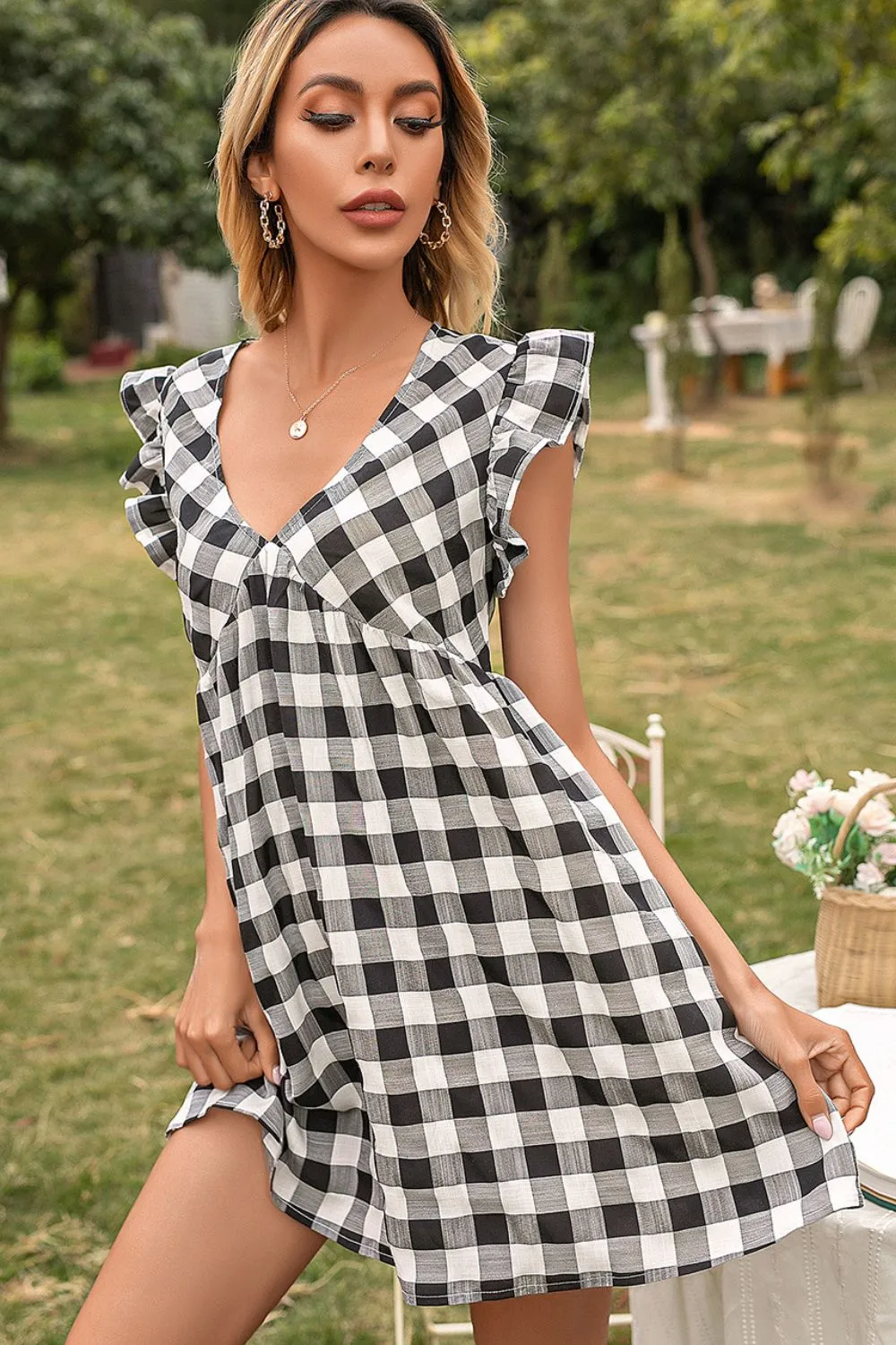 Plaid Butterfly Sleeve Deep V Dress, image 3