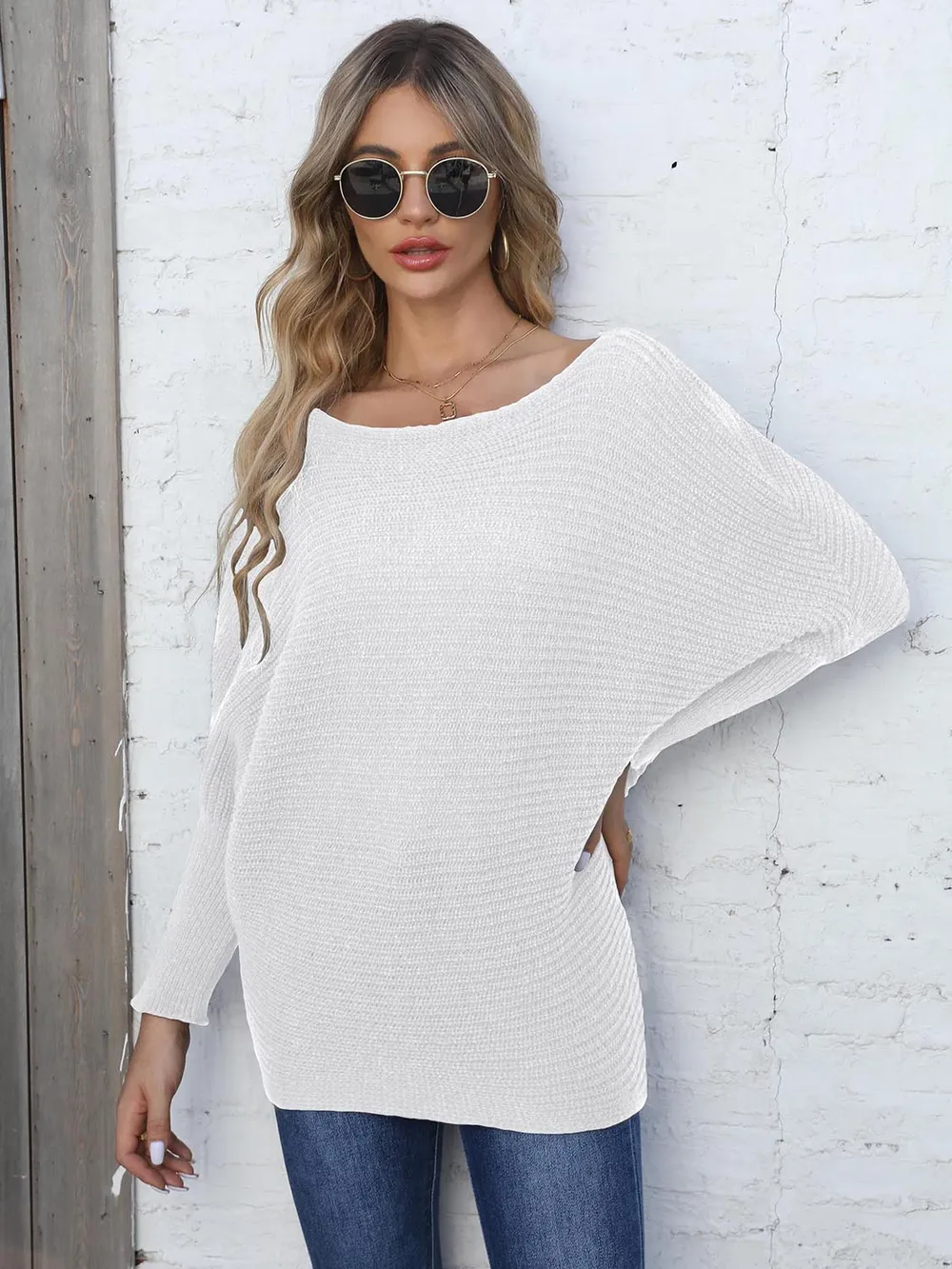 Full Size Horizontal Ribbing Dolman Sleeve Sweater, image 8