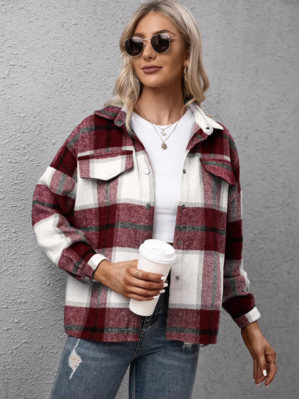 Plaid Long Sleeve Shirt Jacket, image 8
