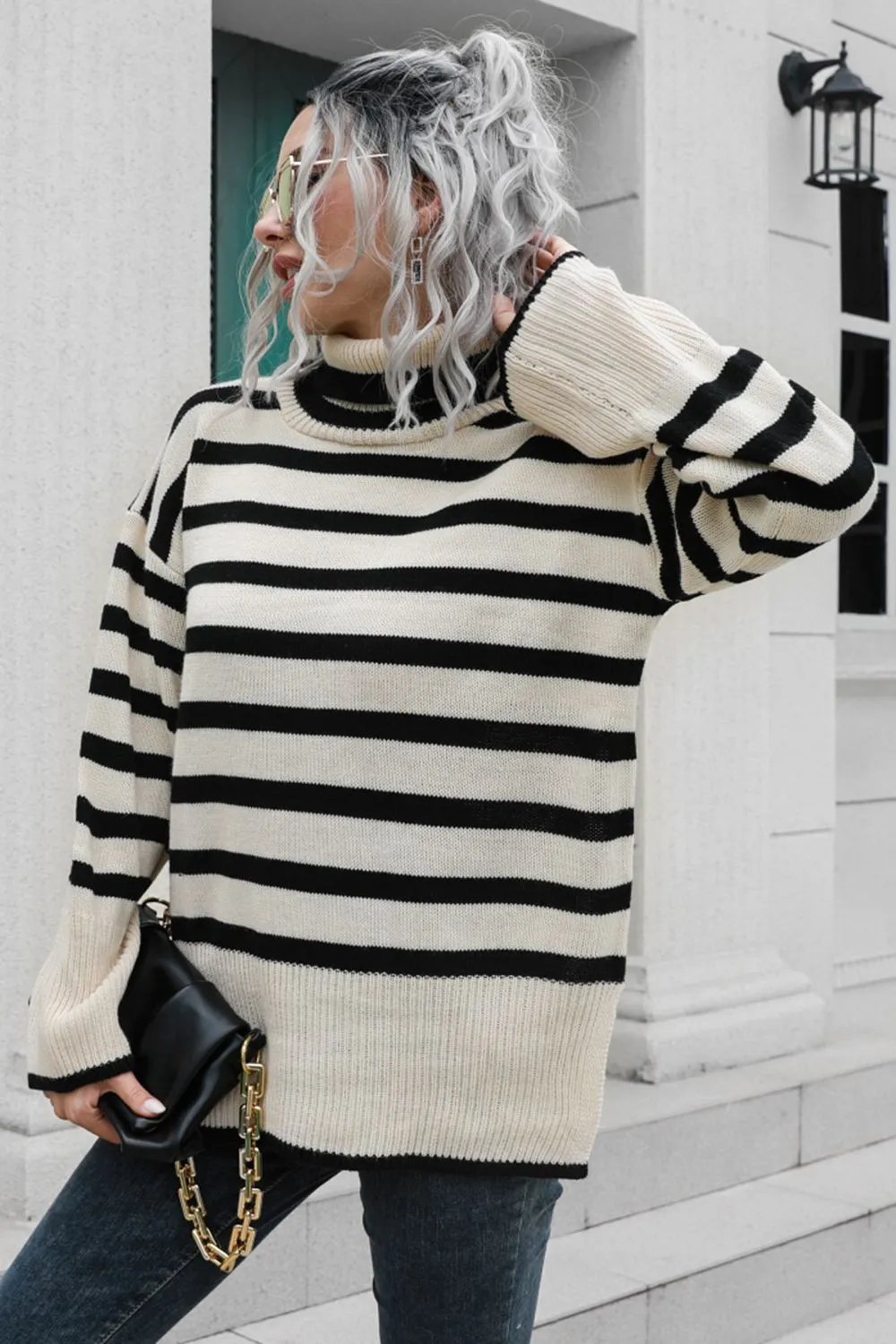 Striped Turtleneck Drop Shoulder Sweater, image 3