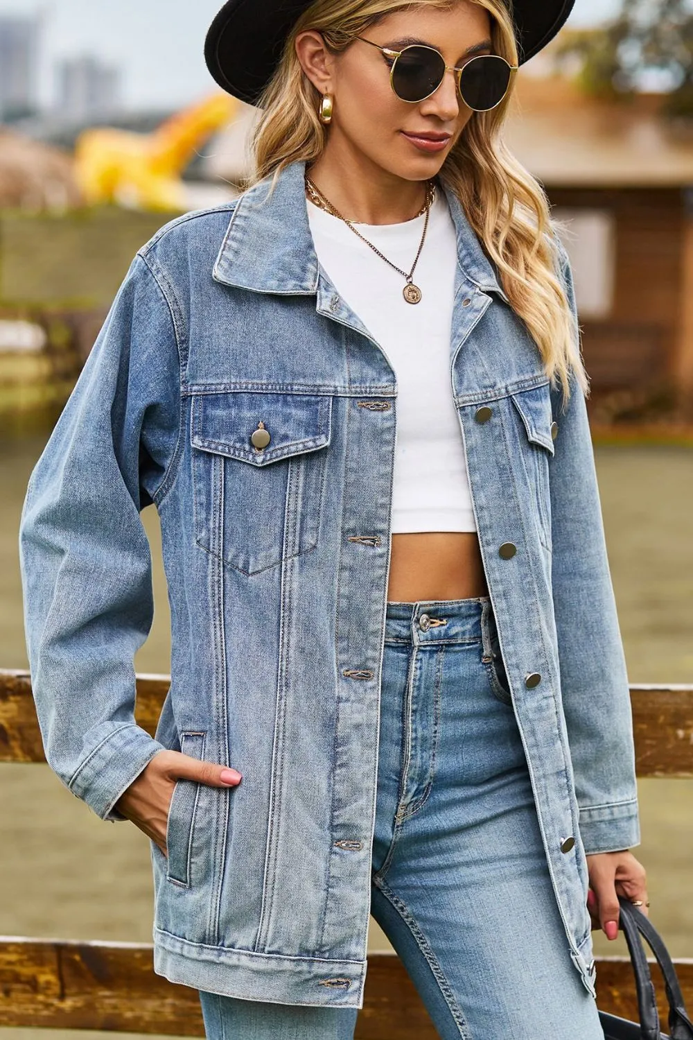 Buttoned Collared Neck Denim Jacket with Pockets, image 11