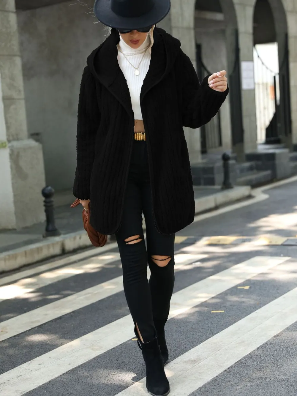 Open Front Ribbed Hooded Coat, image 9