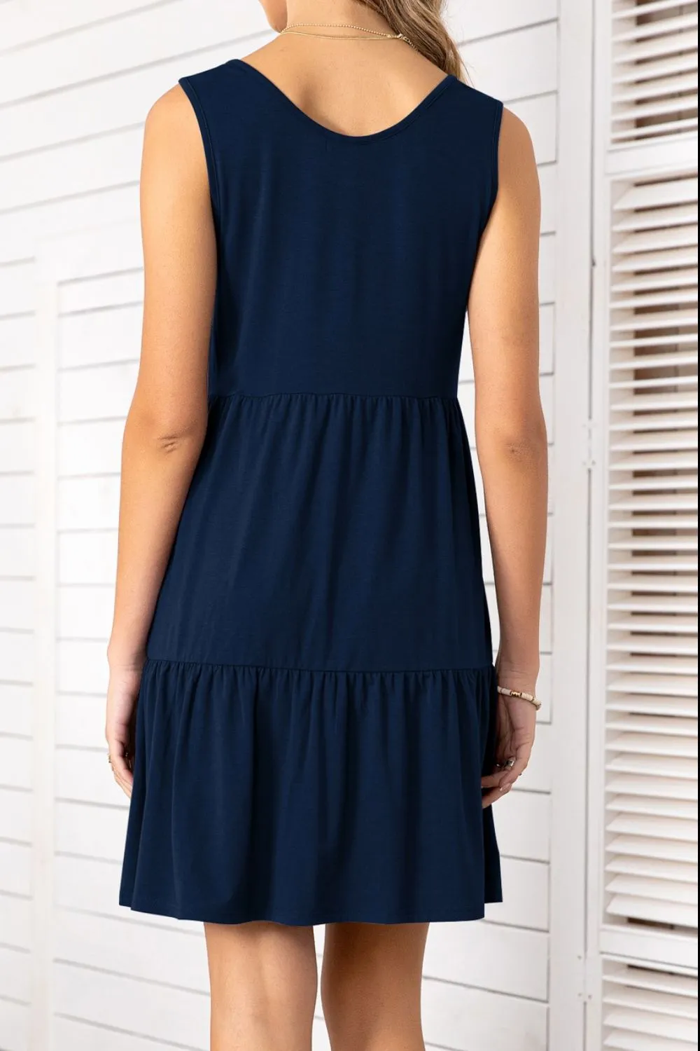 Decorative Button Scoop Neck Sleeveless Tiered Dress, image 2