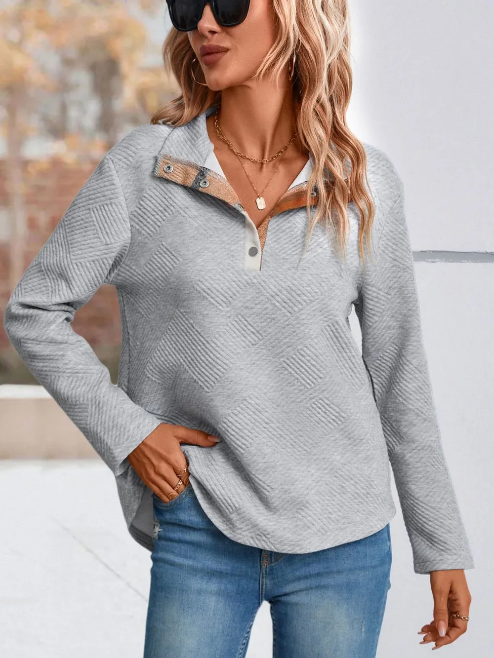 Spliced Plaid Quarter-Snap Mock Neck Top, image 4