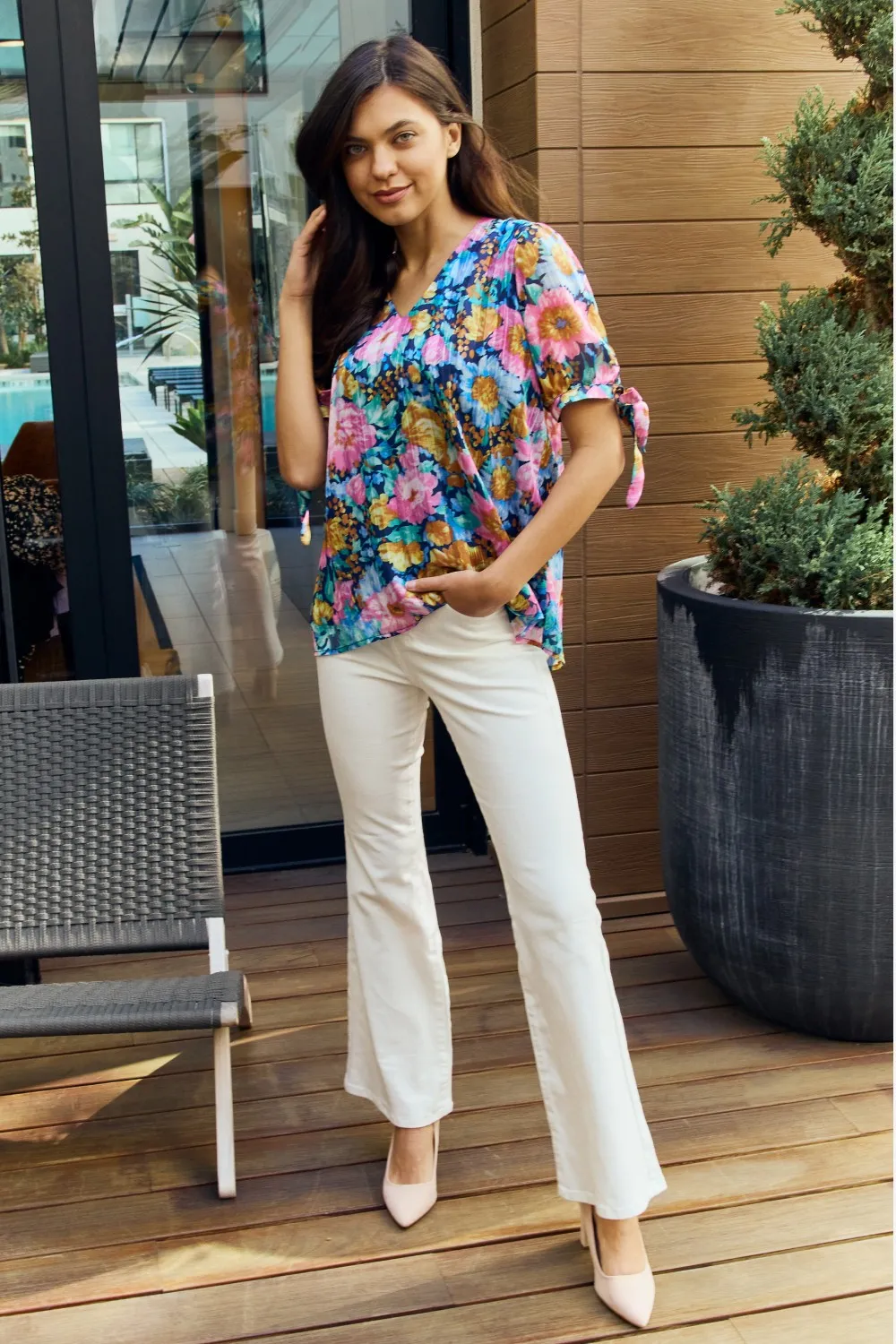 Full Size Floral V-Neck Tie Detail Blouse, image 4