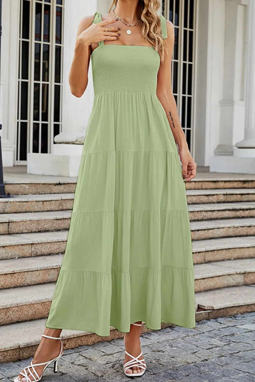 Tie-Shoulder Smocked Tiered Dress, image 4