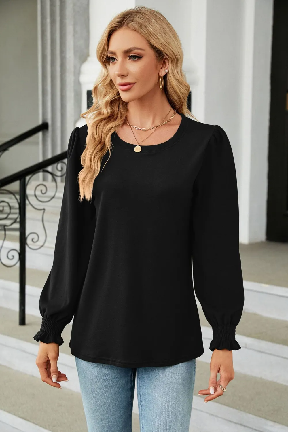 Round Neck Smocked Flounce Sleeve Blouse, image 4