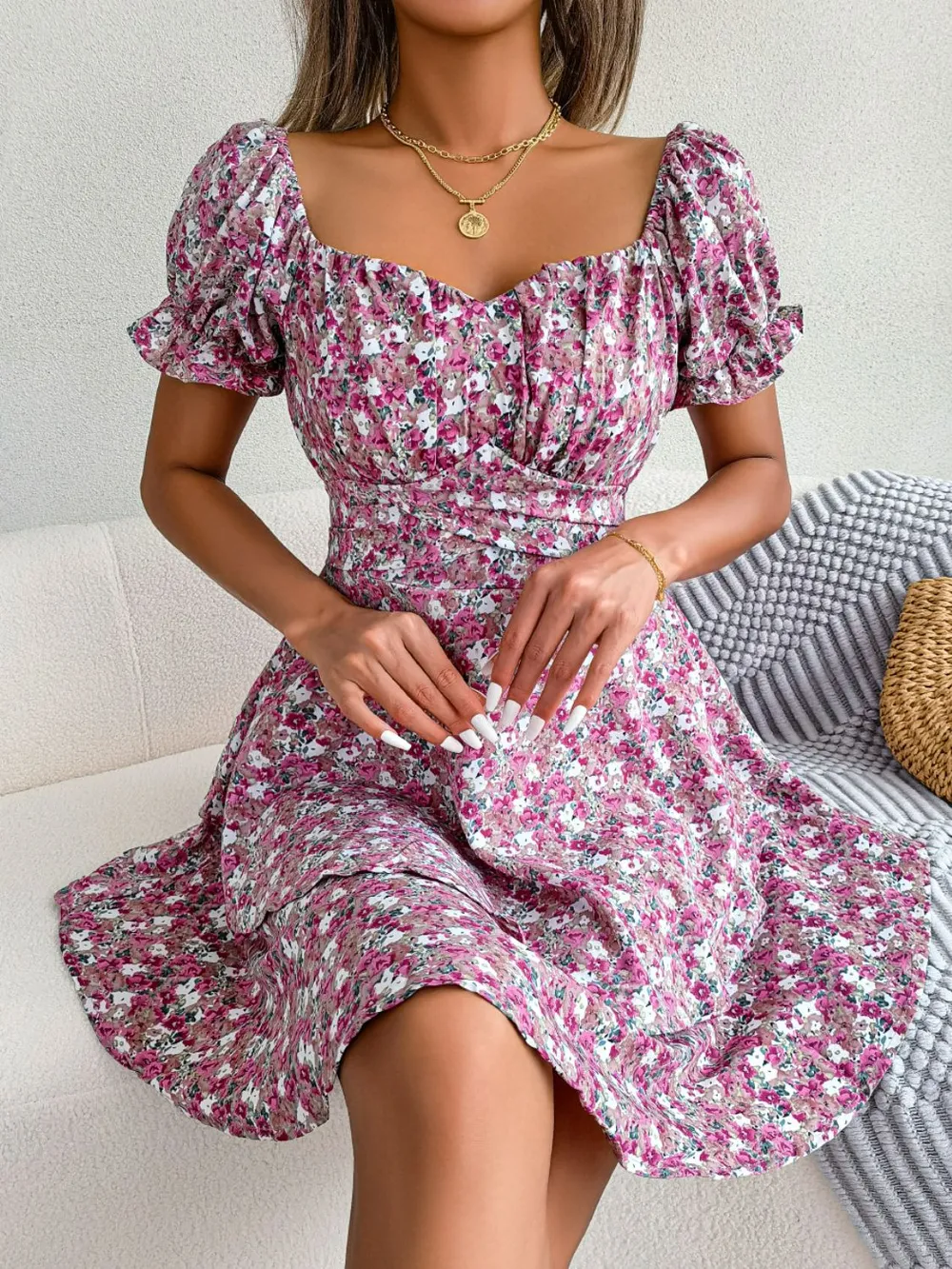 Floral Sweetheart Neck Flounce Sleeve Mini Dress, image 4