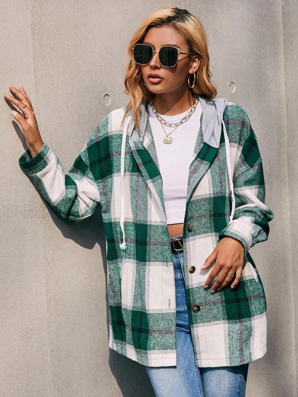 Plaid Dropped Shoulder Hooded Jacket, image 11