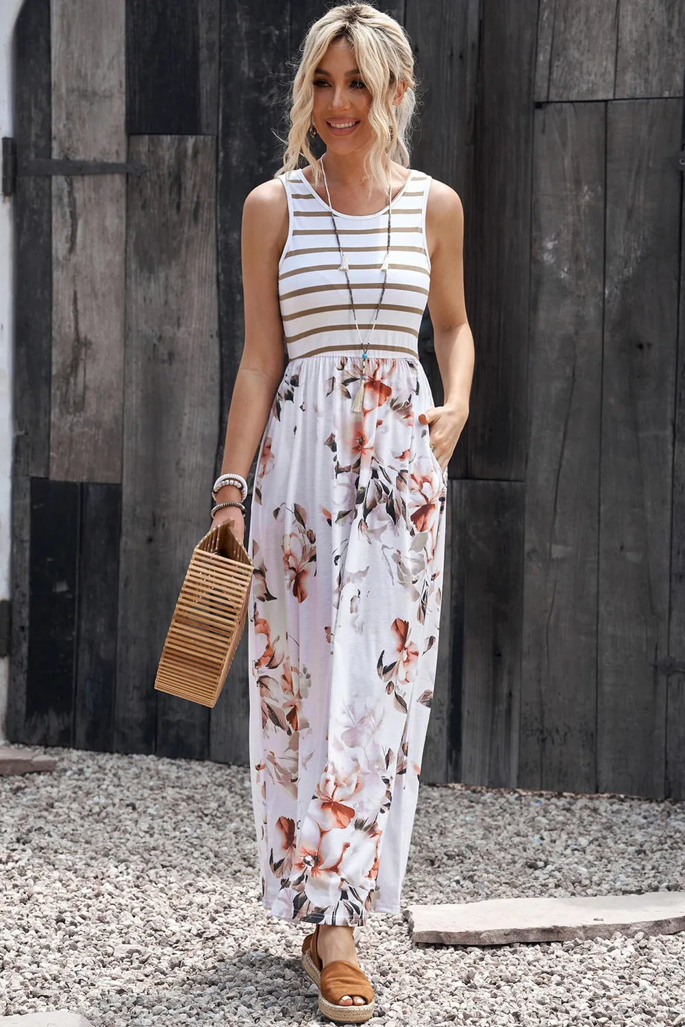 Striped Floral Round Neck Sleeveless Maxi Dress, image 3