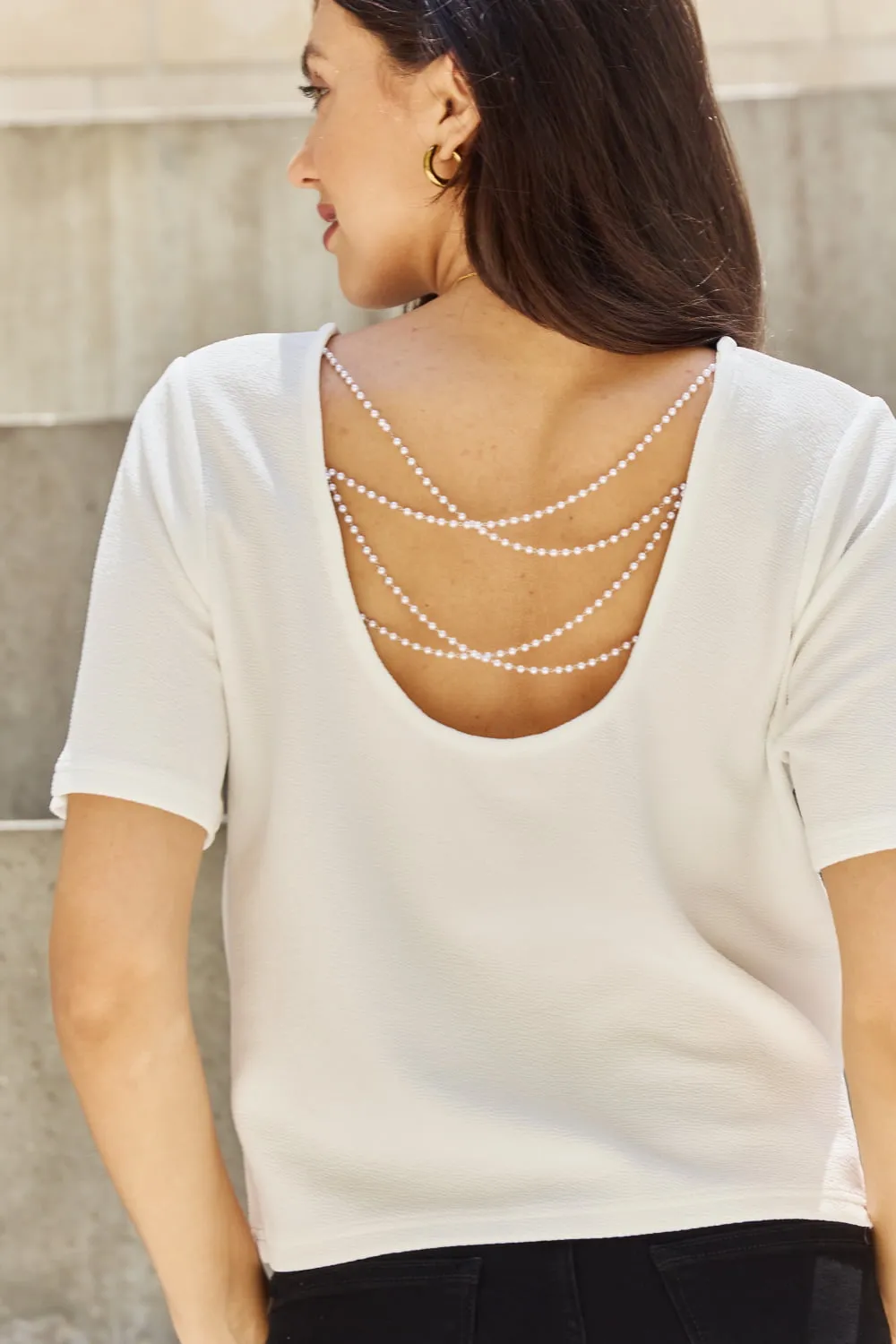 Pearly White Full Size Criss Cross Pearl Detail Open Back T-Shirt, image 7