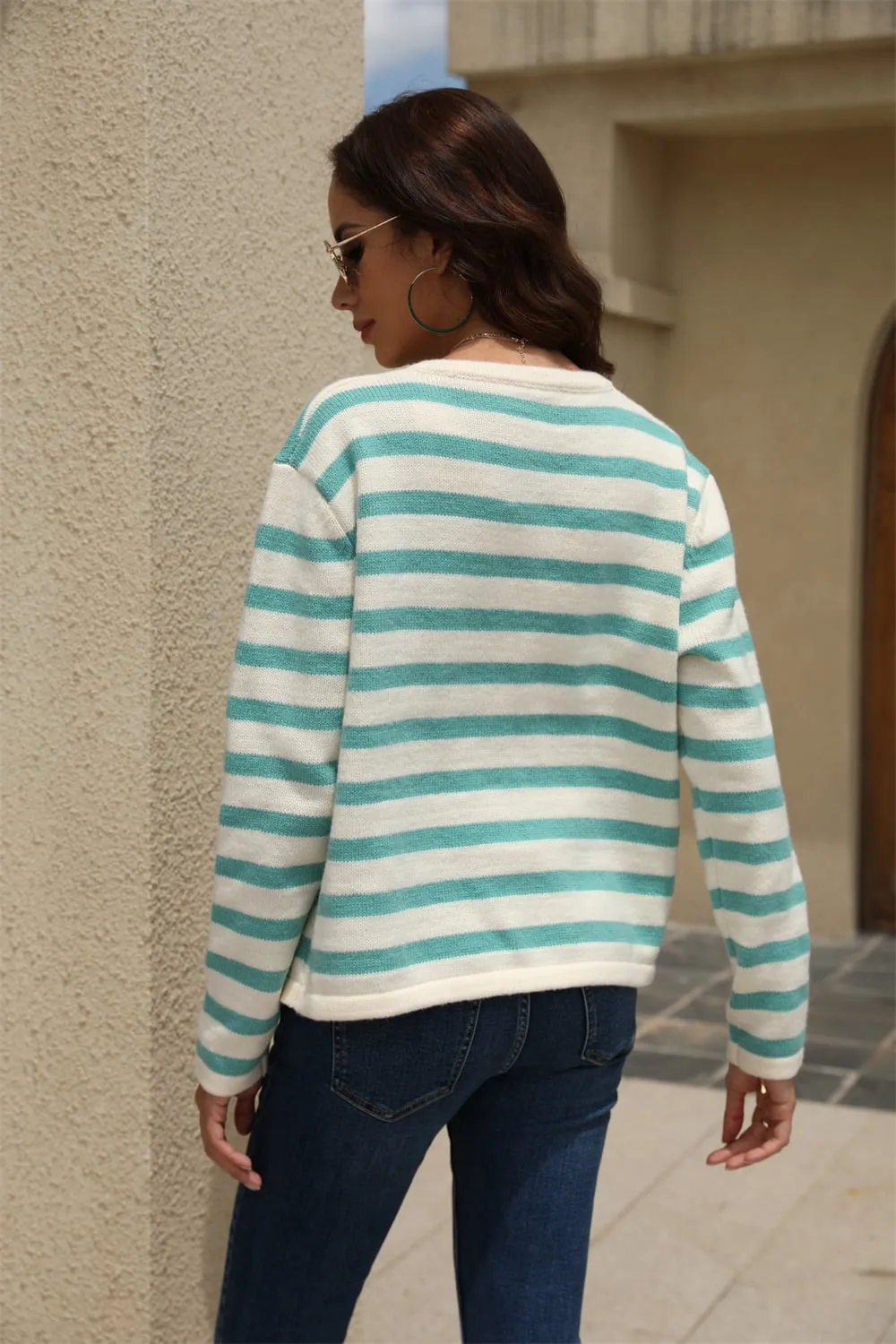Striped Round Neck Button-Down Dropped Shoulder Cardigan, image 7