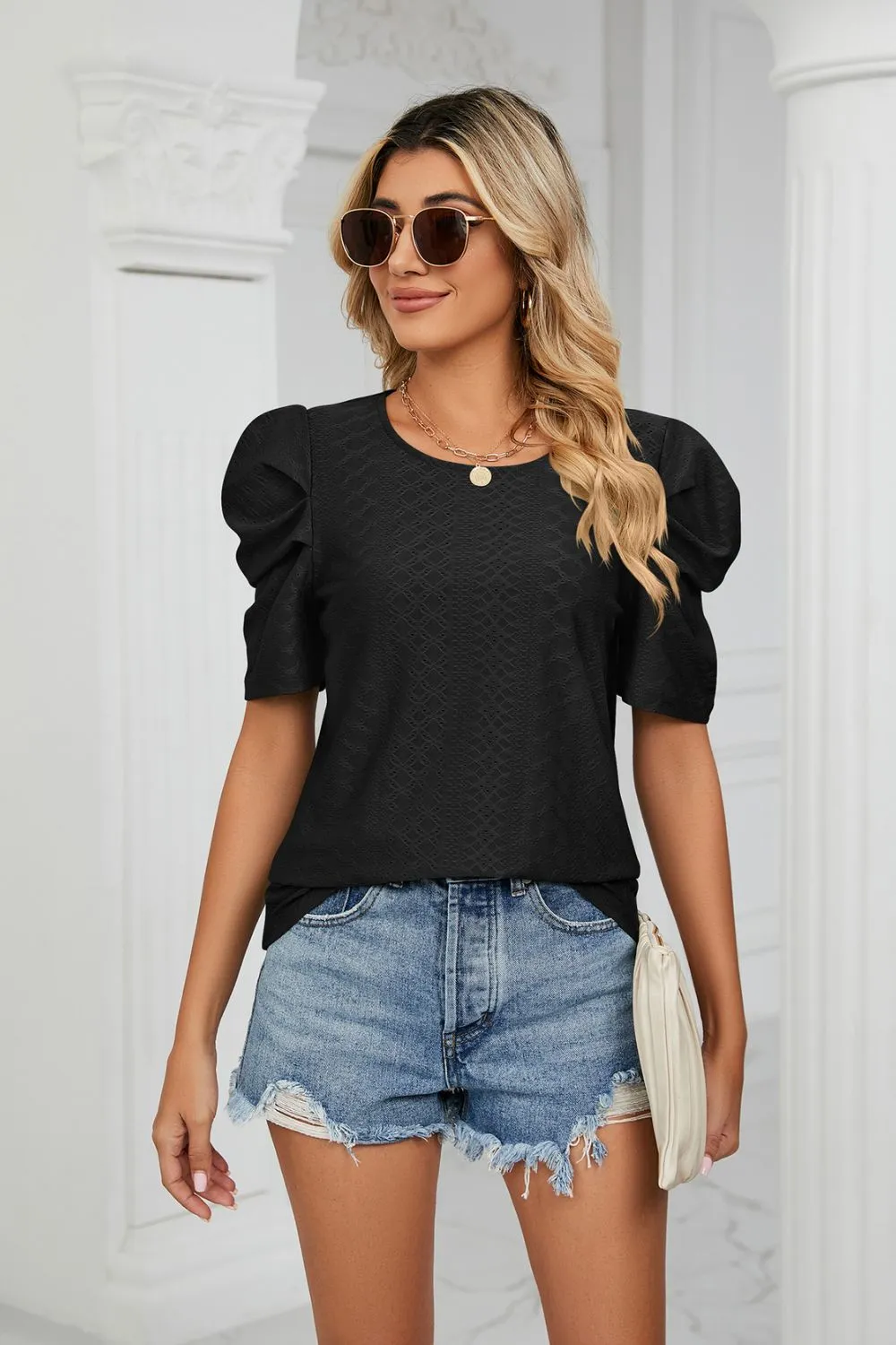 Eyelet Puff Sleeve Round Neck Blouse, image 15