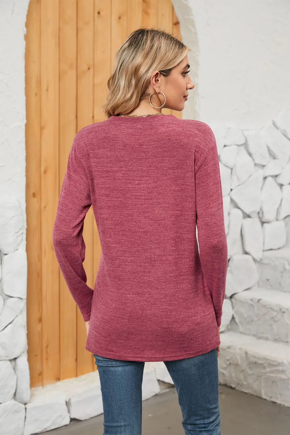Notched Neck Long Sleeve T-Shirt, image 18