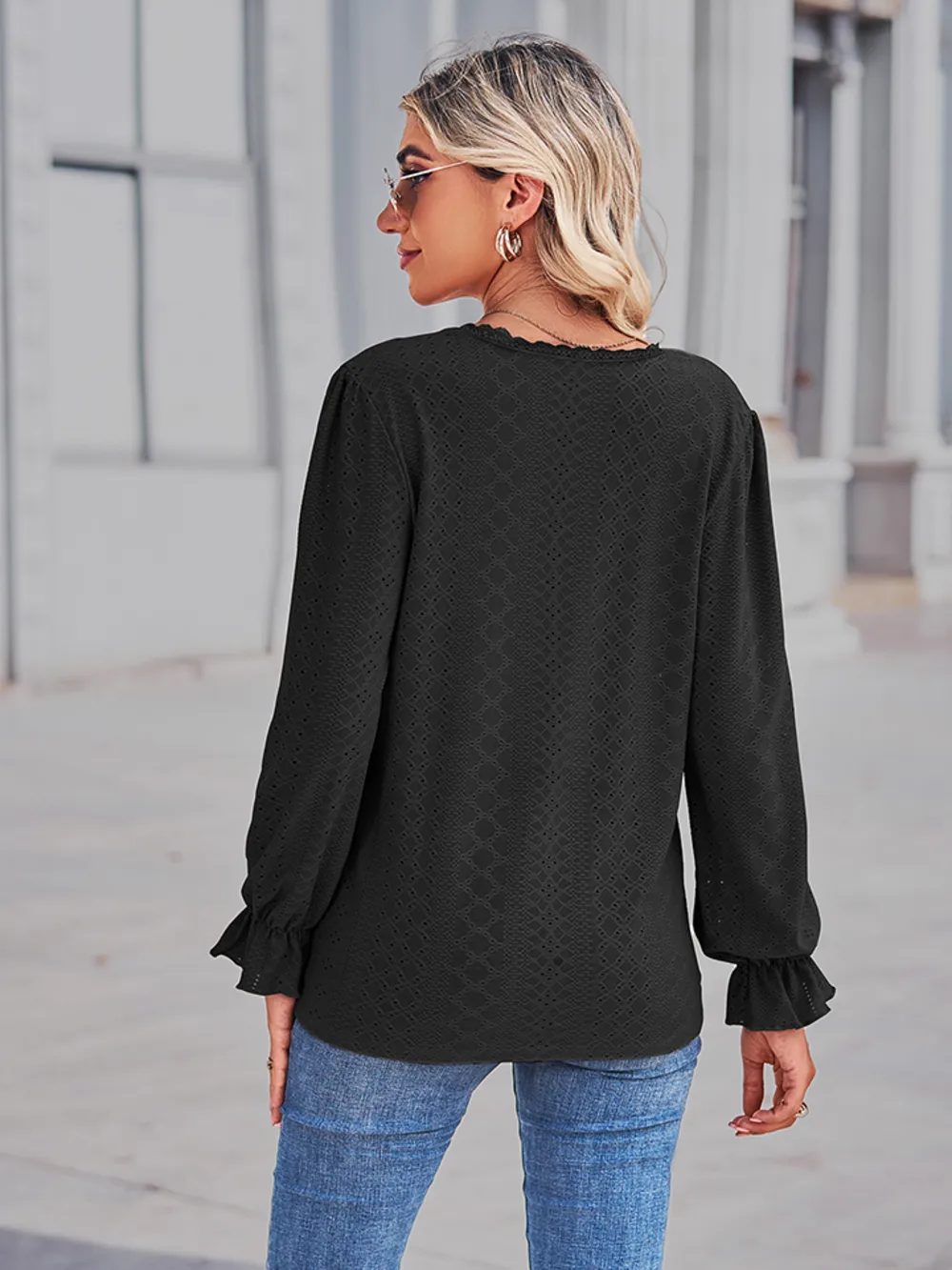 Eyelet V-Neck Flounce Sleeve Blouse, image 9
