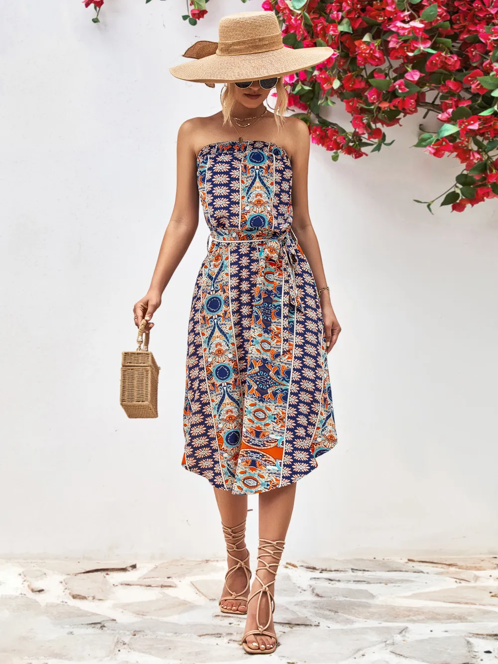 Printed Strapless Tie Belt Dress, image 7
