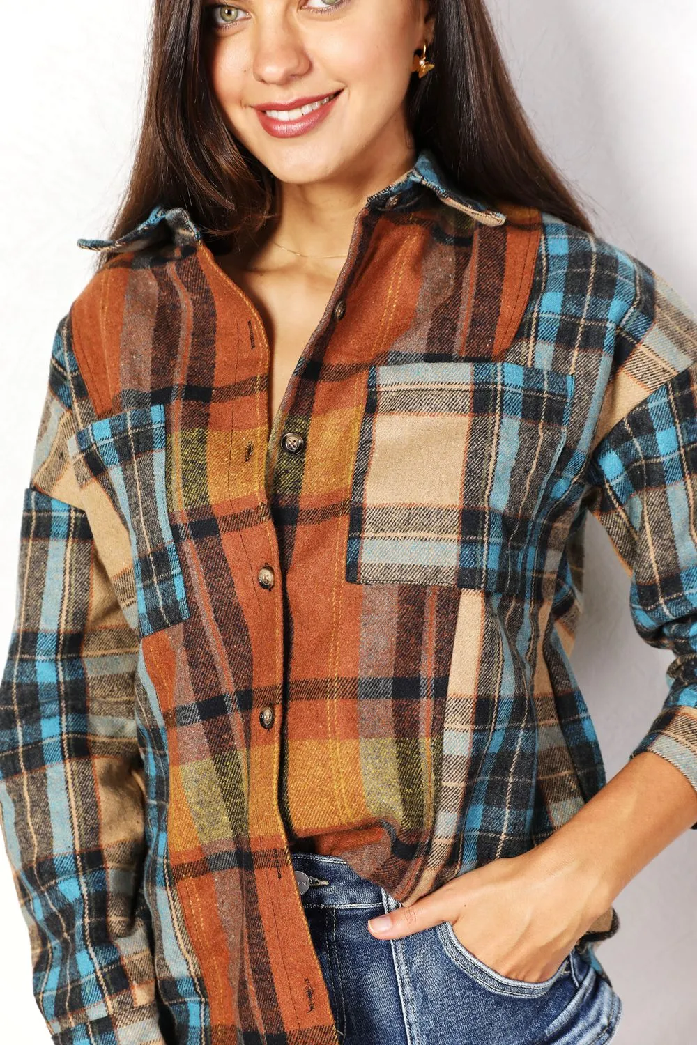 Plaid Curved Hem Shirt Jacket with Breast Pockets, image 6