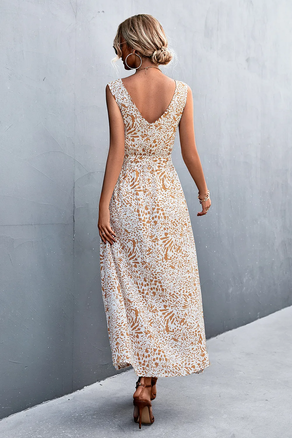 Printed V-Neck Tie Waist Maxi Dress, image 5