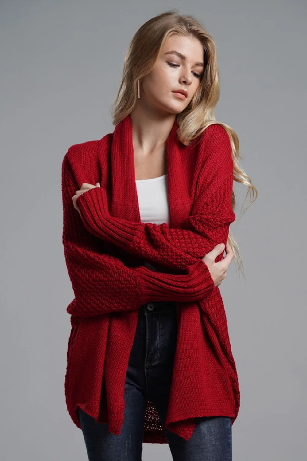 Dolman Sleeve Open Front Ribbed Trim Longline Cardigan, image 12