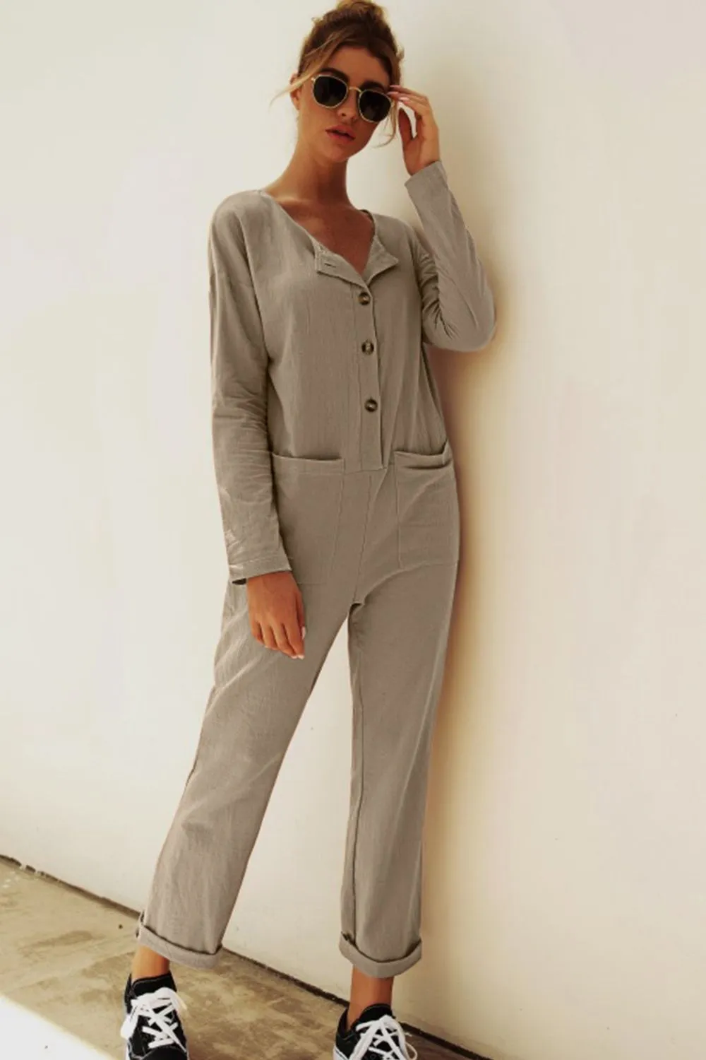 Buttoned Drop Shoulder Pocket Jumpsuit, image 7