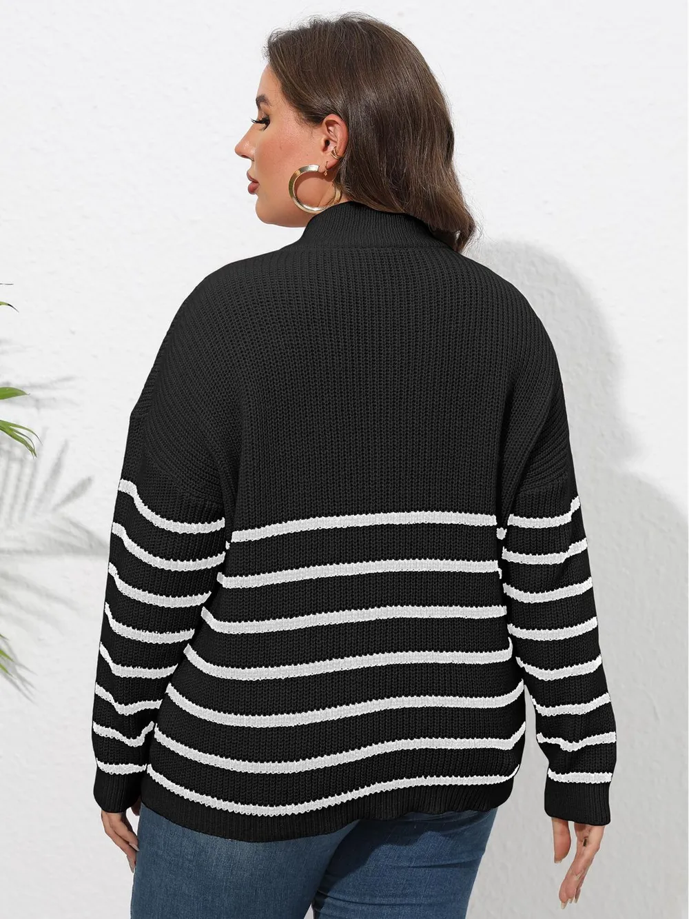 Plus Size Zip-Up Striped Sweater, image 7