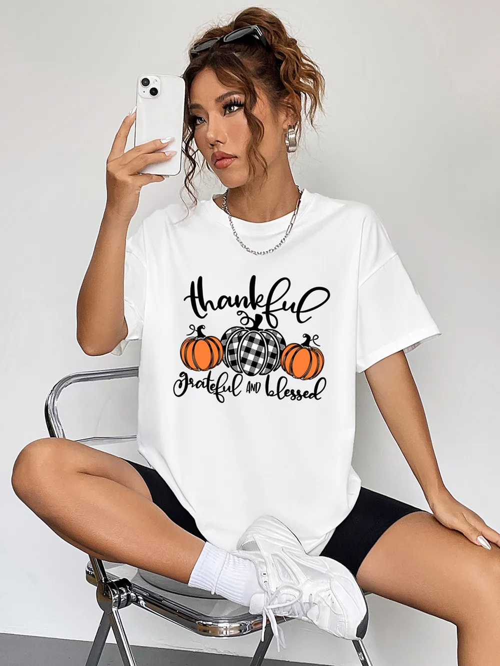 Round Neck Short Sleeve Fall Season Graphic T-Shirt, image 2