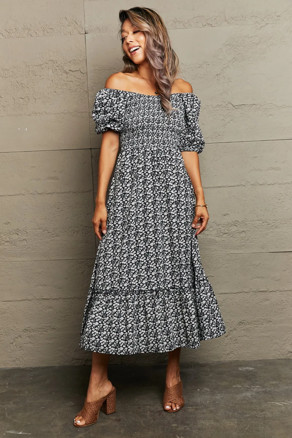 Floral Lace-Up Off-Shoulder Midi Dress, image 2