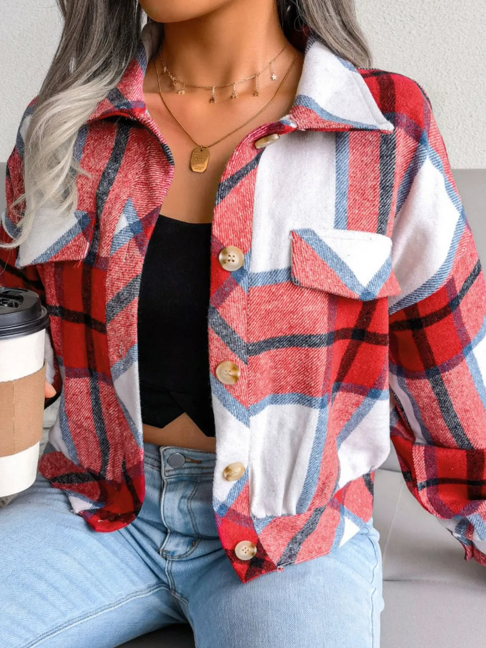 Plaid Collared Neck Drop Shoulder Jacket, image 4