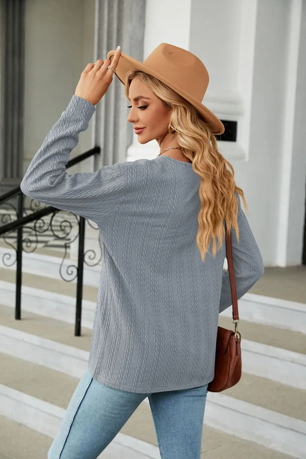 Decorative Button V-Neck Long Sleeve T-Shirt, image 3