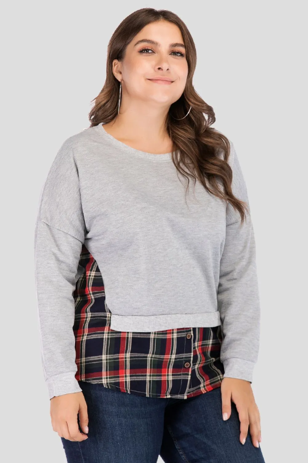 Full Size Plaid Patch Drop Shoulder Round Neck Top, image 2