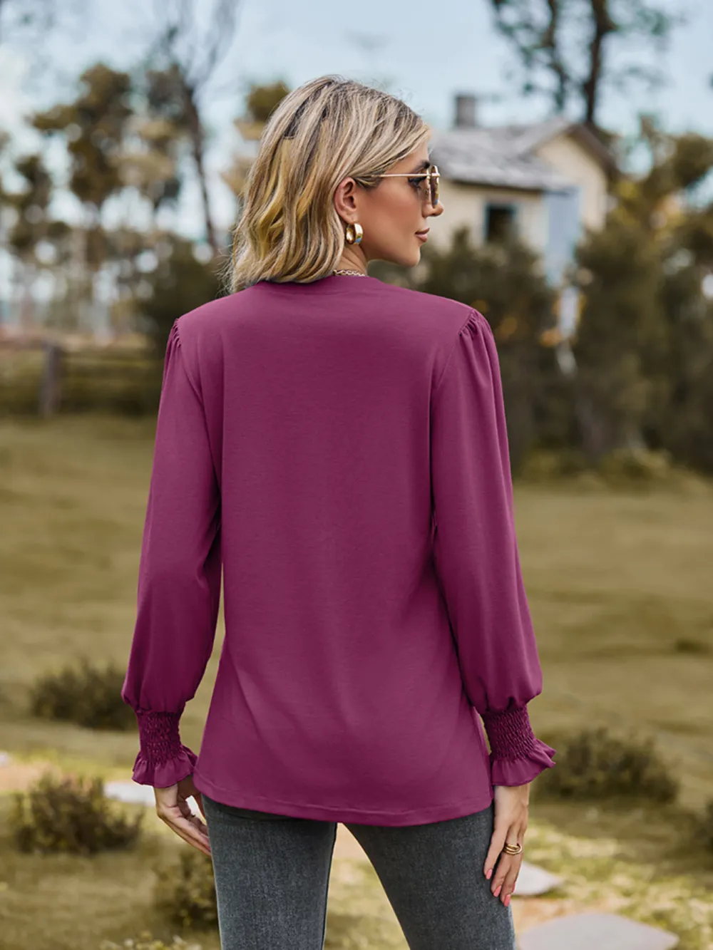 Notched Neck Flounce Sleeve Blouse, image 4