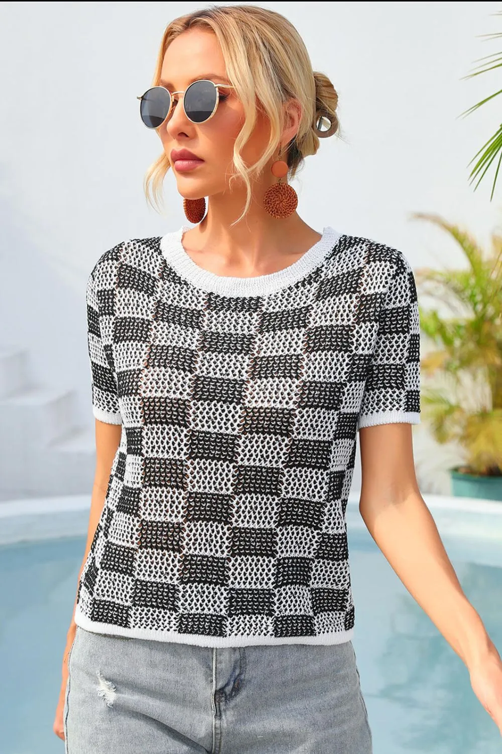 Checkered Short Sleeve Knit Top, image 8