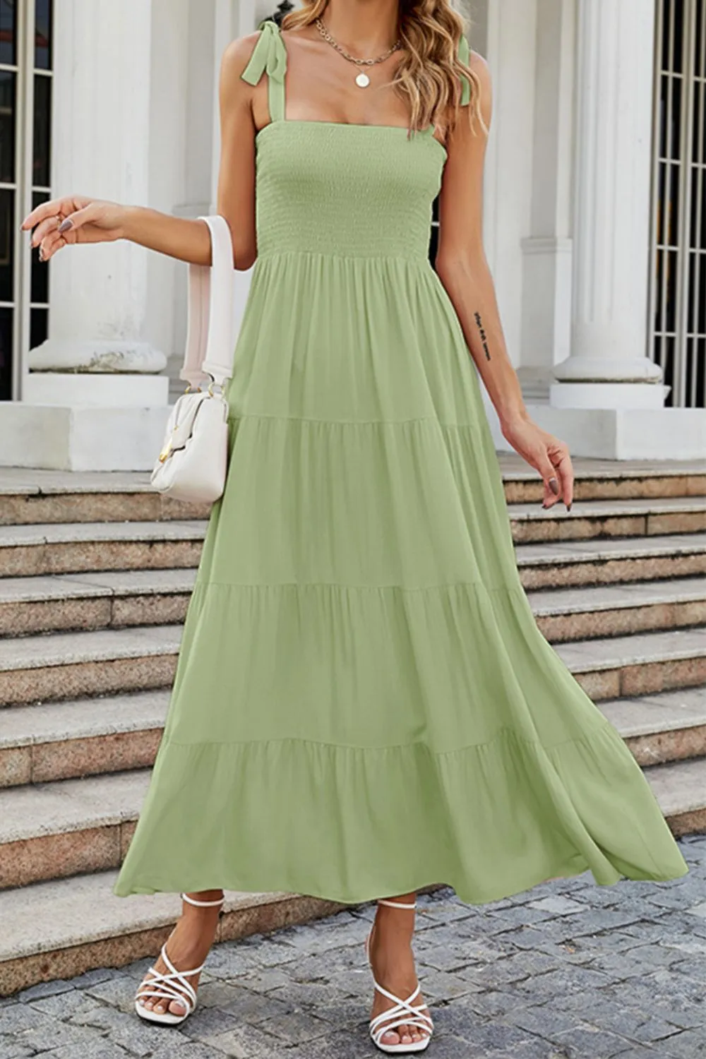 Tie-Shoulder Smocked Tiered Dress, image 5