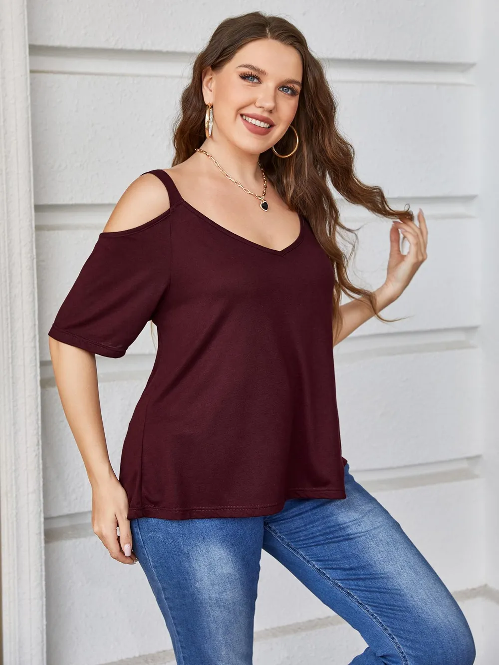 Plus Size V-Neck Cold-Shoulder Blouse, image 4