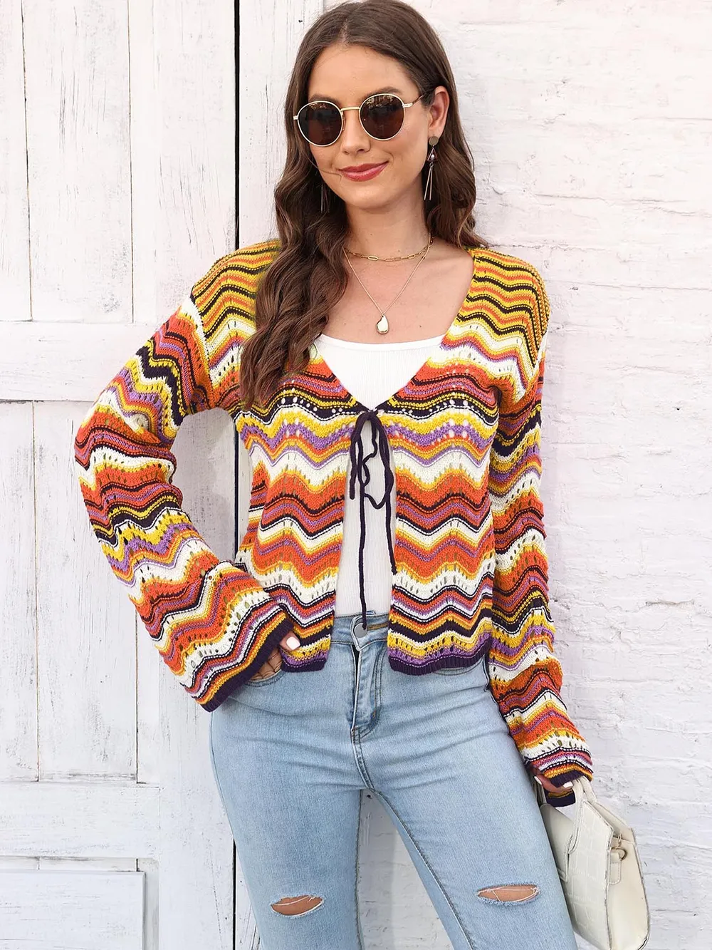Striped Openwork Tied Cardigan, image 4