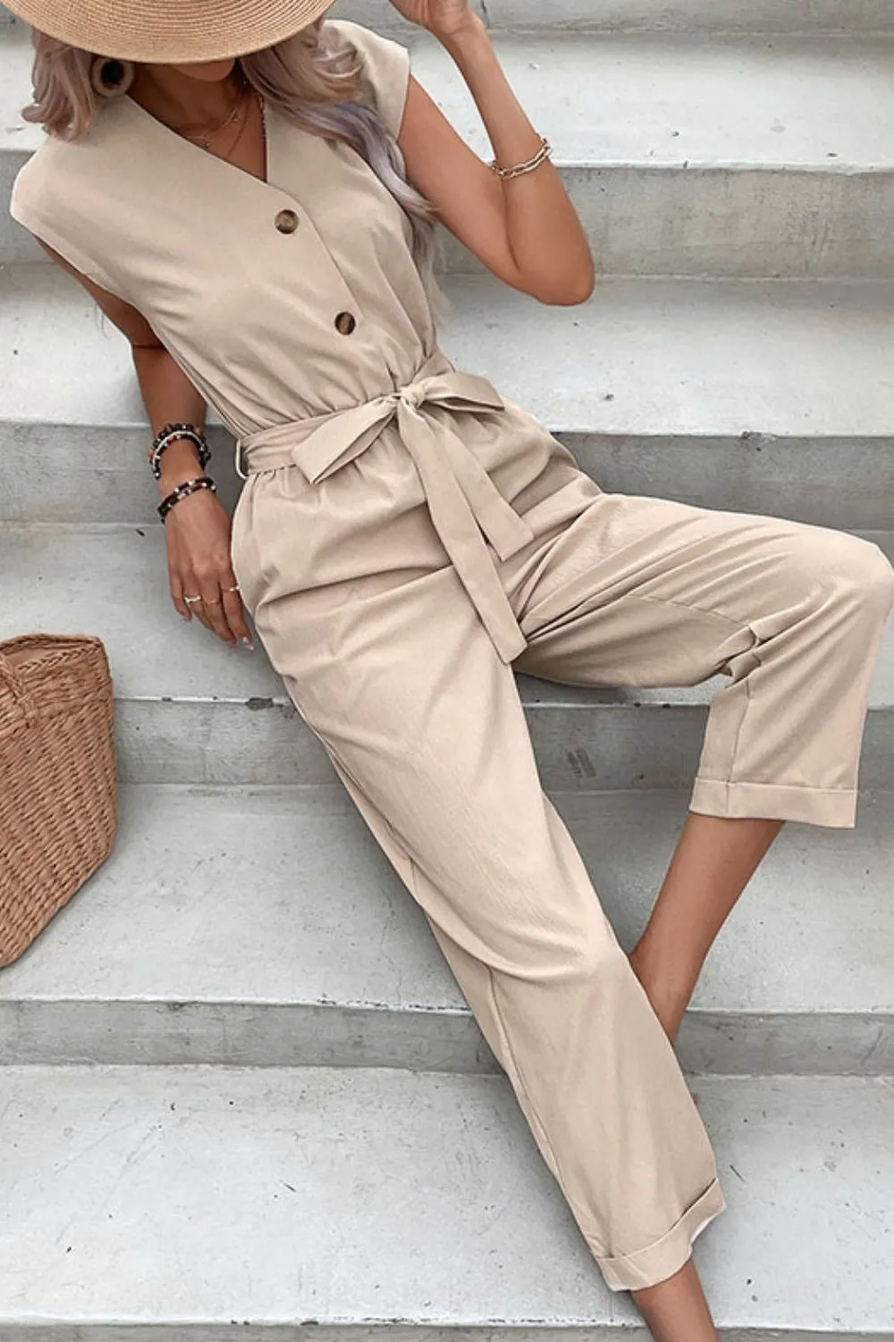 Capped Sleeve Belted V-Neck Jumpsuit, image 2