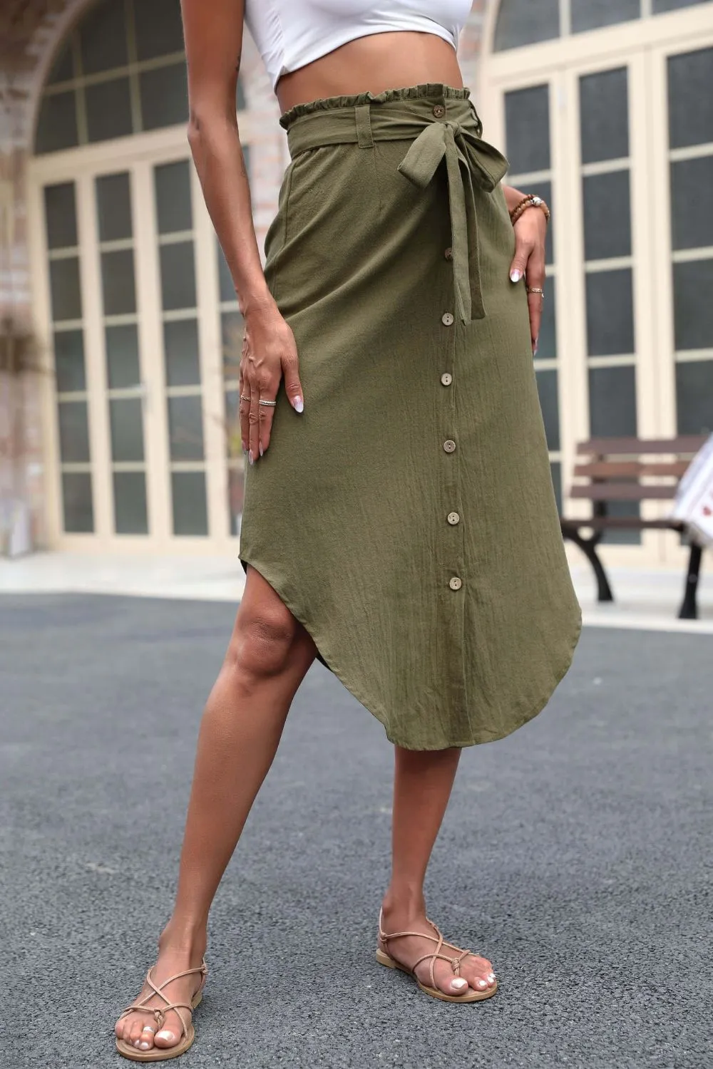 Tie Belt Frill Trim Buttoned Skirt, image 4