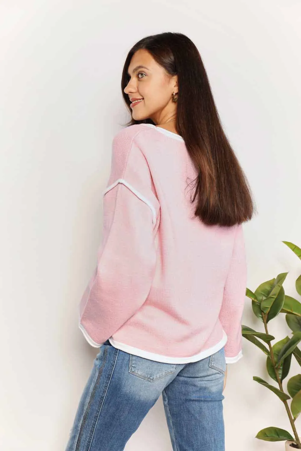 Contrast Detail Dropped Shoulder Knit Top, image 6