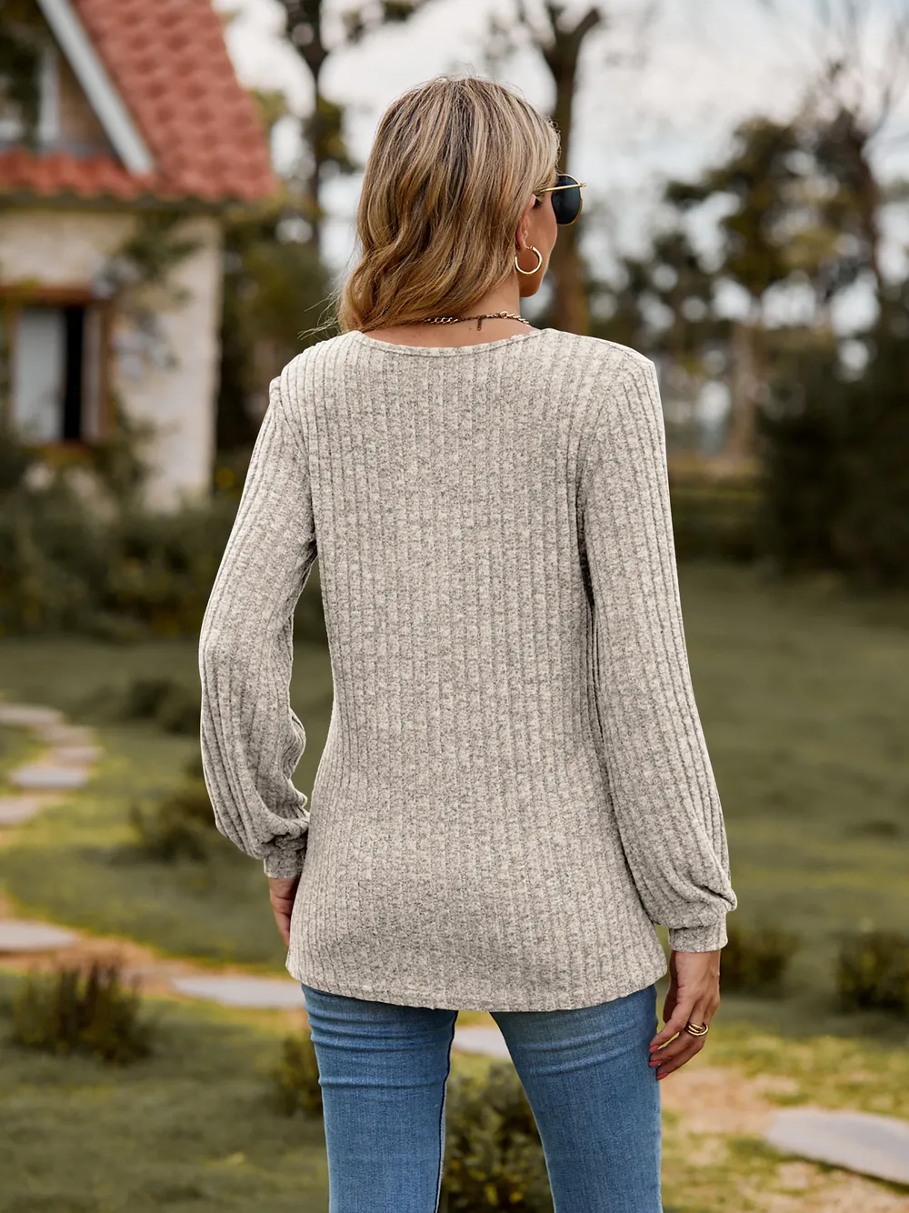 Round Neck Button-Down Long Sleeve Tee, image 28
