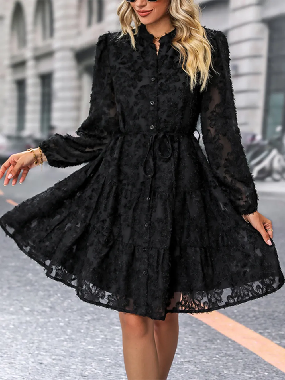 V-Neck Long Sleeve Buttoned Dress, image 2
